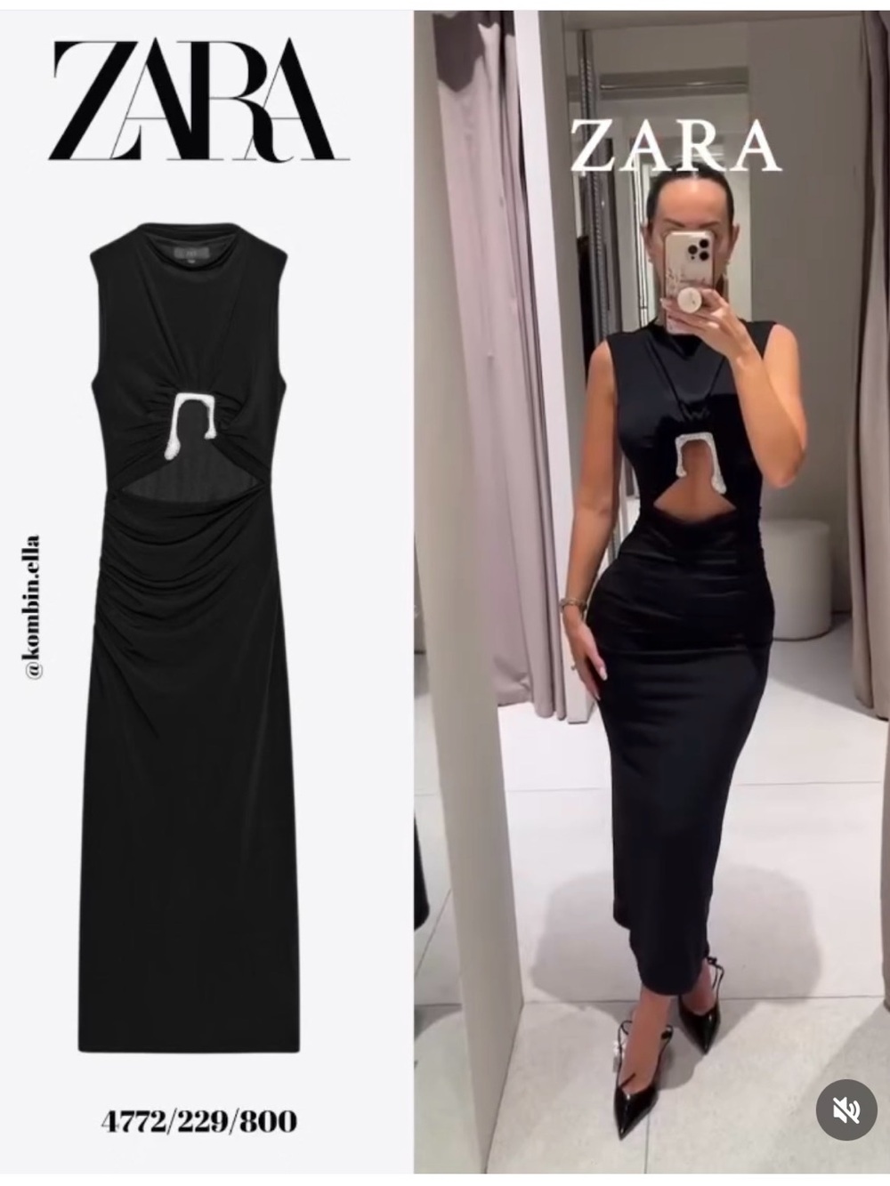 ZARA Black Sleeveless Midi Dress with Cutout and Buckle